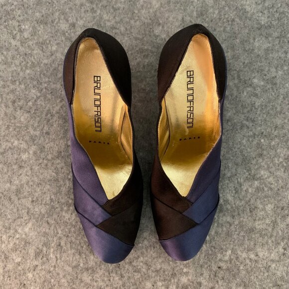 Bruno Frisoni Paris Women’s Blue and Black Satin Heel Leather Sole Pump Shoes - Picture 7 of 11